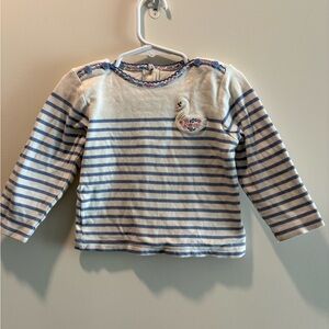 JoJo Maman Bebe Blue and White Striped Cotton Long Sleeve Shirt Swan Applique